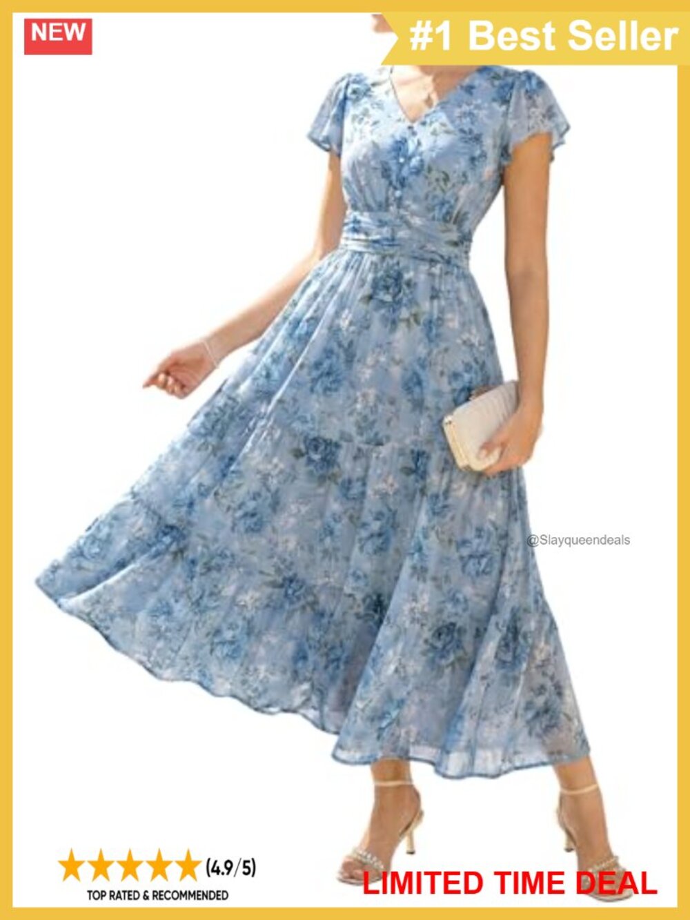 Floral Maxi Dress V-Neck Flutter Sleeve Wedding Guest Summer
